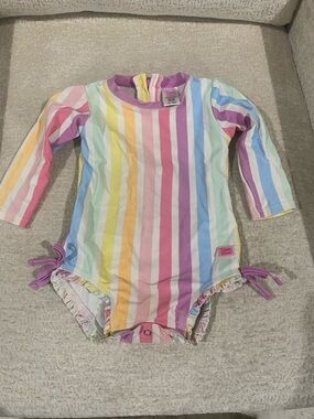 Ruffle Butts Kids One-Piece Swimsuit - Pastel Rainbow Stripes